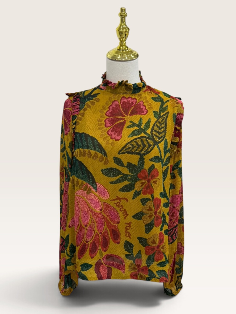 Farm Rio XS Golden Yellow Floral Print Button Back Long Sleeve Blouse EUC Boho